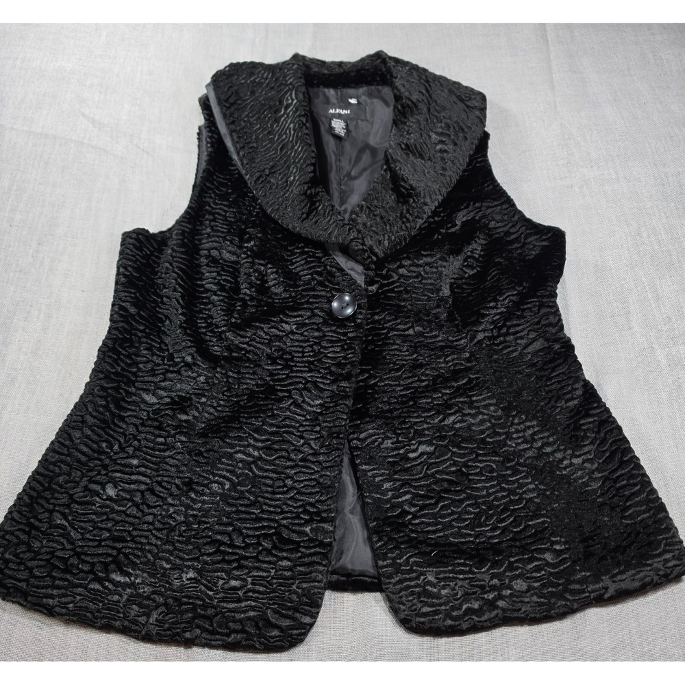 Alfani Faux Fur Vest Womens Small Black Excellent Textured Shawl Collar Lined